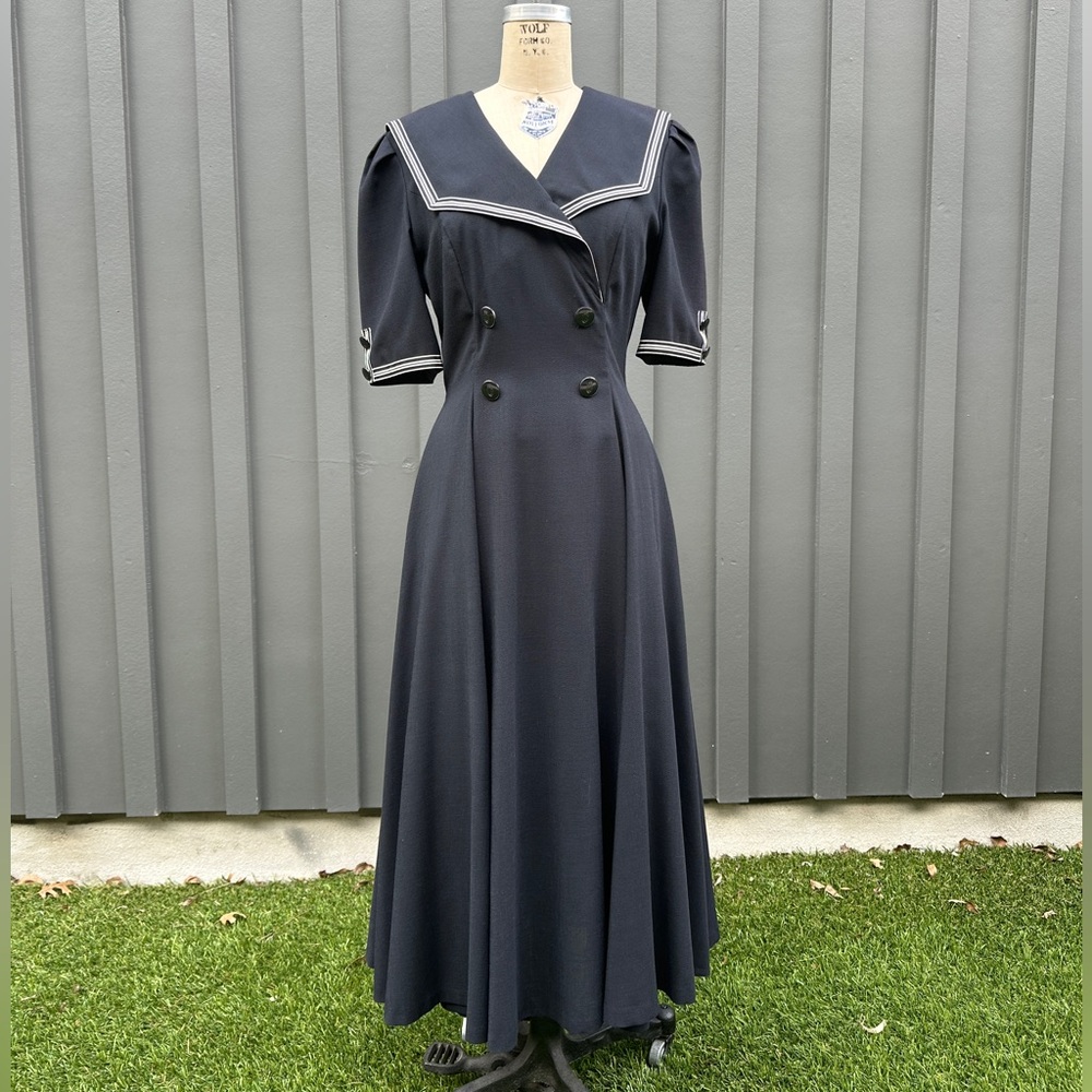 Vintage 1980s “American Design” Black Sailor Fuku Collar Short Sleeve Maxi Dress - Picture 4 of 15
